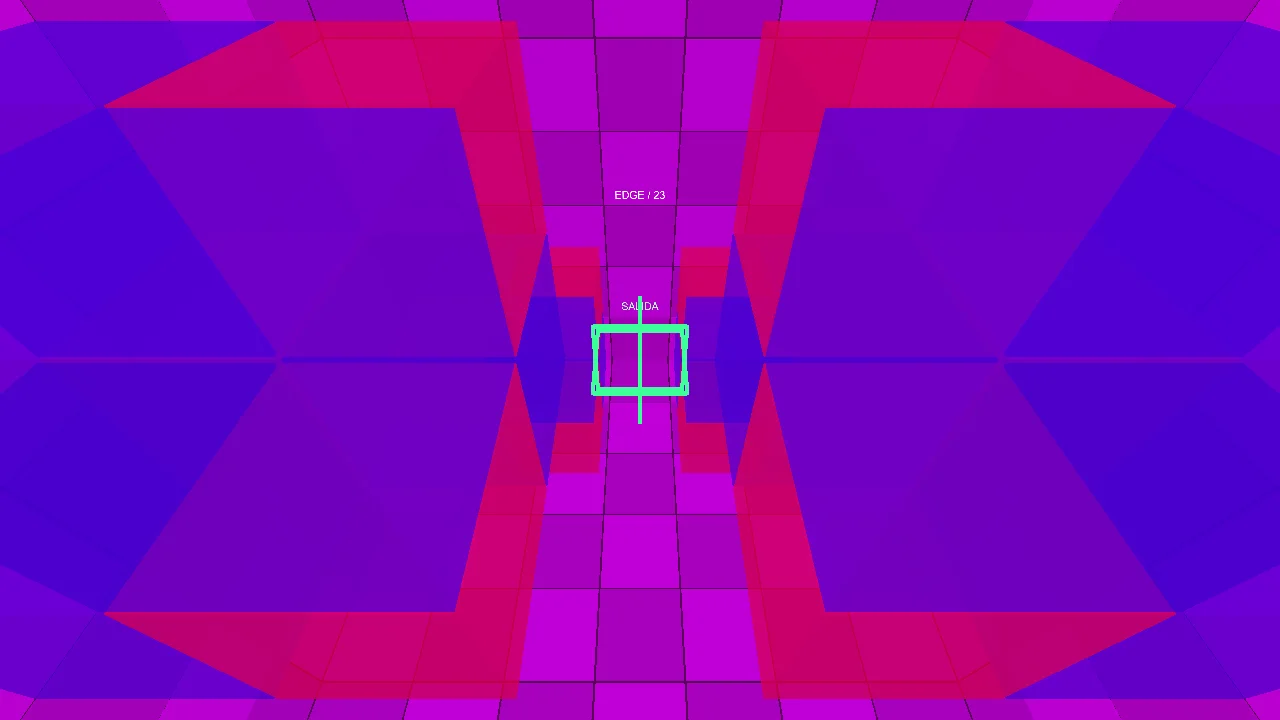 Purple geometric room with a green exit at its centre in NE-ON